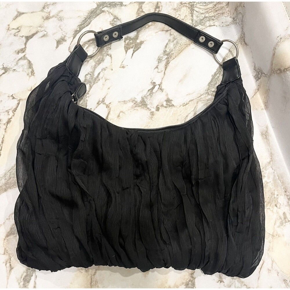 Chateau Black Crinkle Chiffon Hobo Shoulder Bag Ruched Boho Y2K Purse Polyester